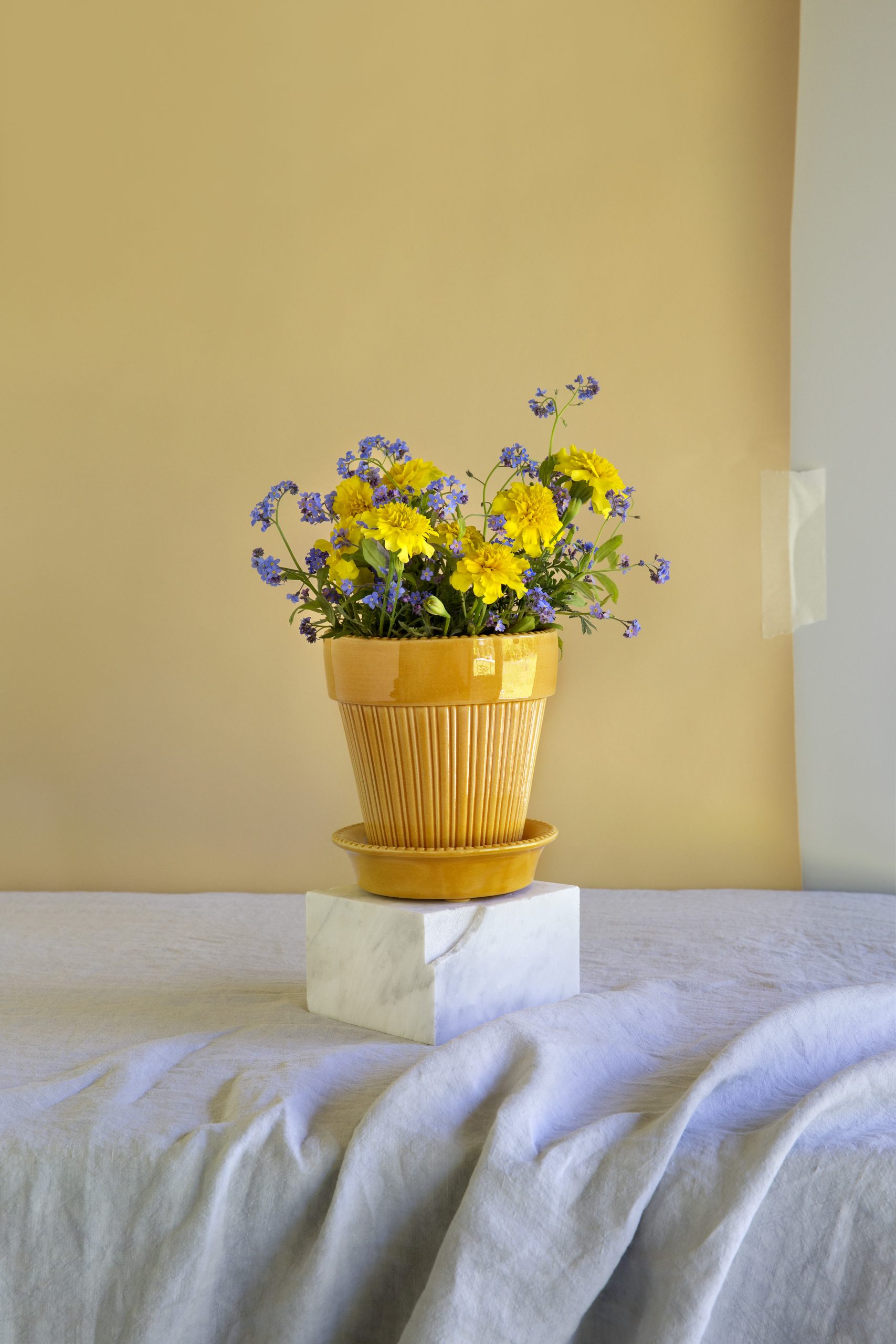 Glazed yellow pot with a flower.