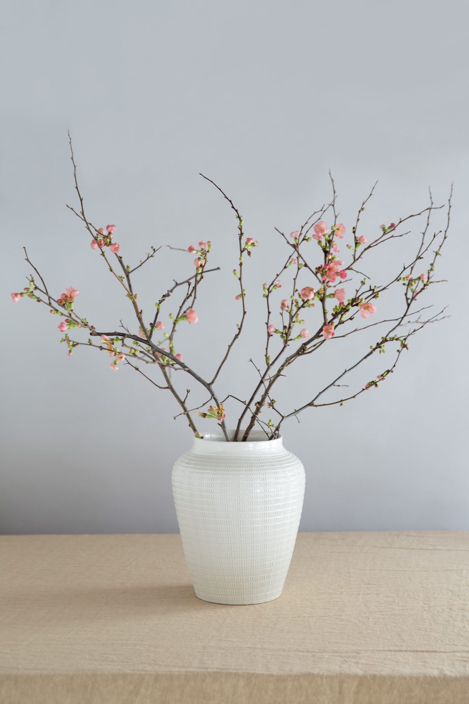 Glazed white vase with branches.